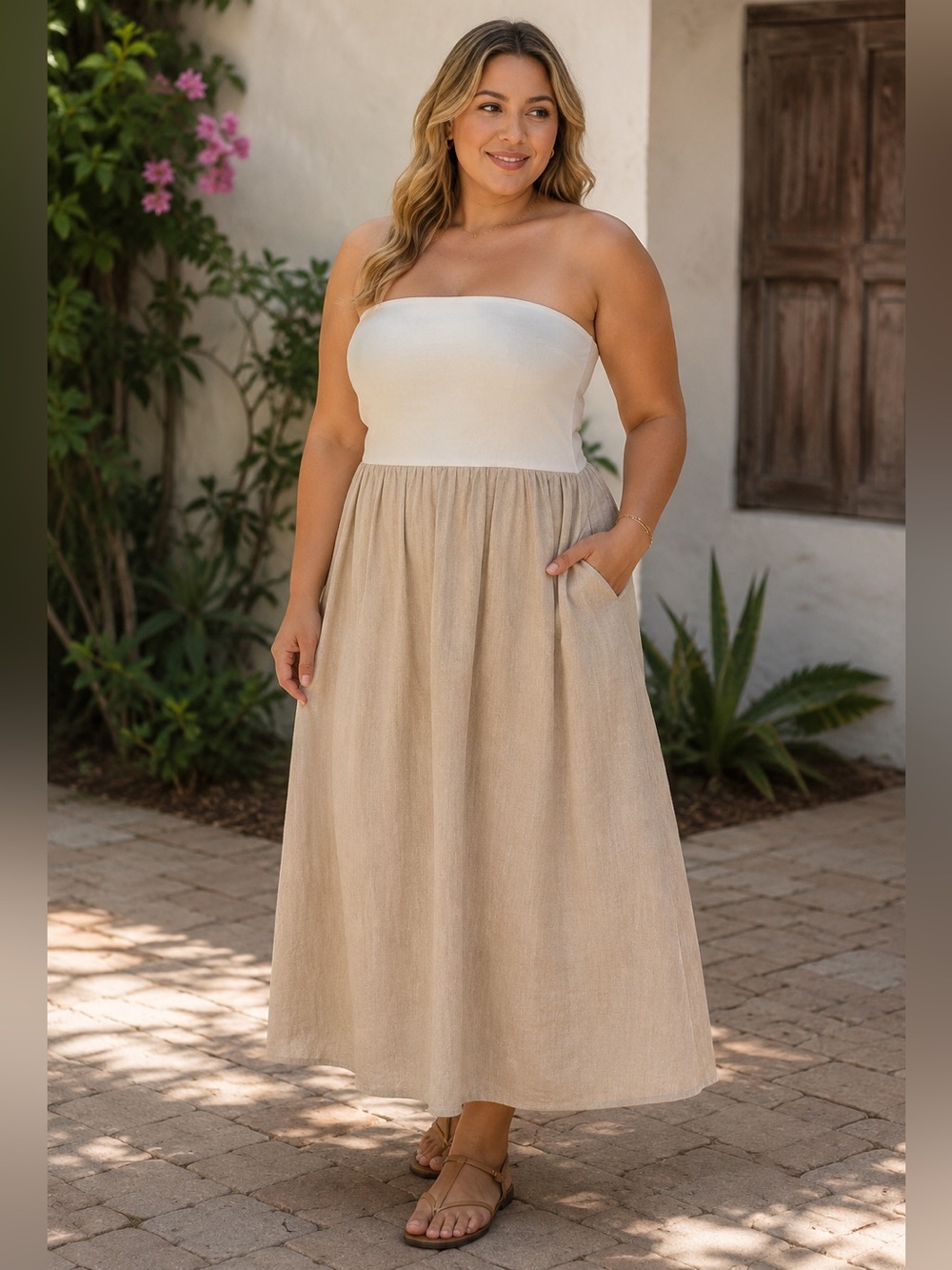 NWT The Drop Hellen Strapless Linen Midi Dress White Natural Large